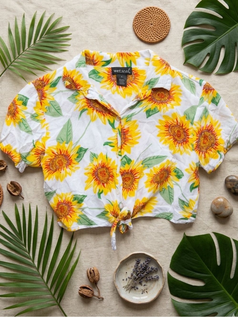 WET SEAL Women’s  Sunflower Print Crop Front Tie Button Down Shirt Top